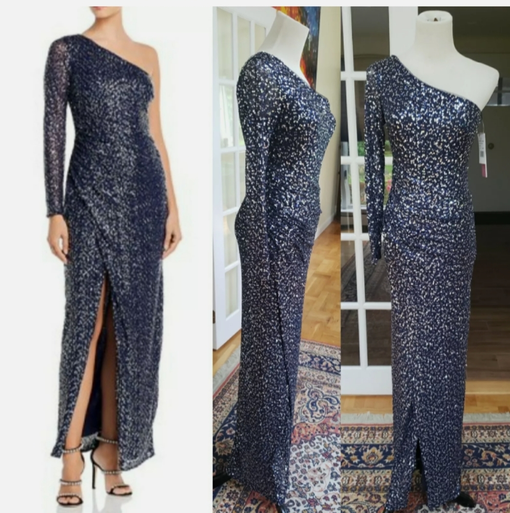 Aqua sequined one shoulder evening formal maxi dress